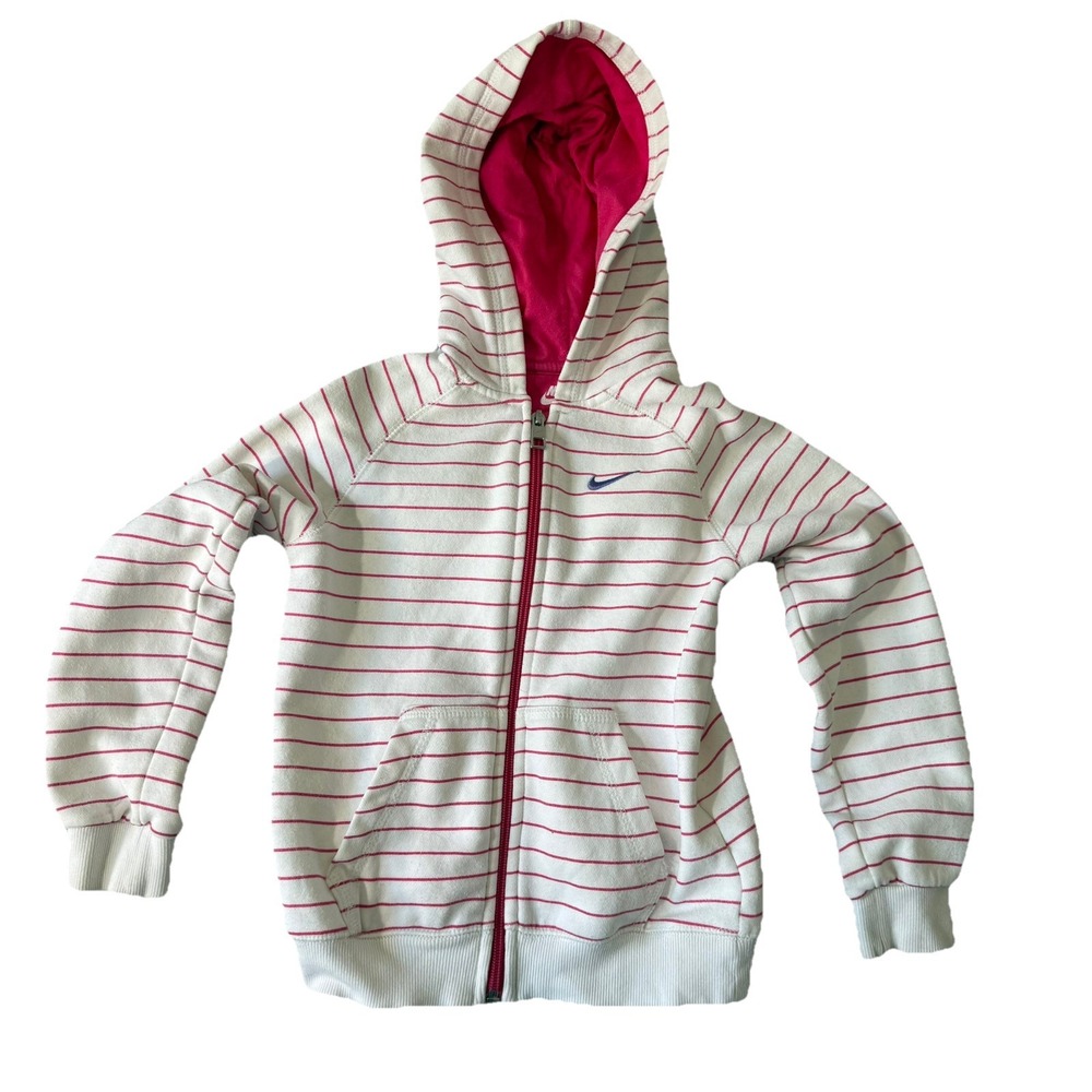 Nike Girls 6X Full Zip Hoodie Pink White Stripe Fleece Swoosh Youth Jacket